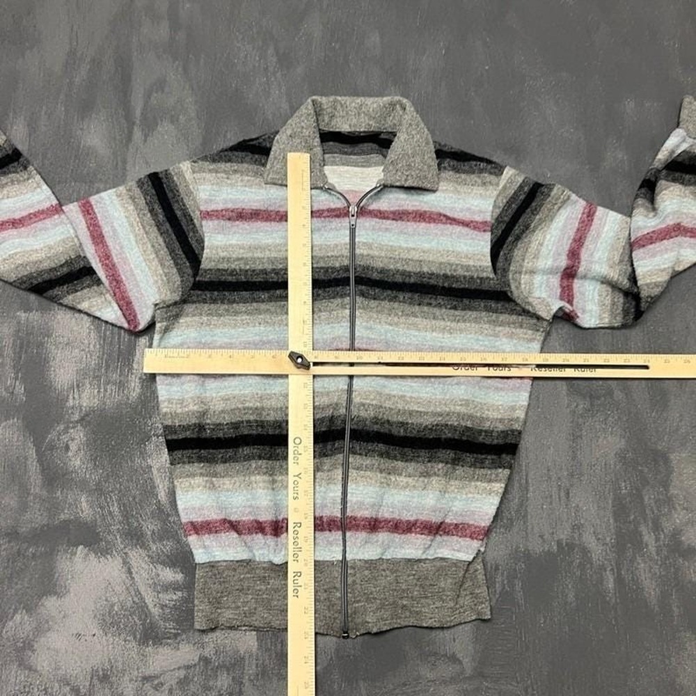 Vintage Striped Zip Up Sweater Medium Gray 1970s Fuzzy - Picture 4 of 7